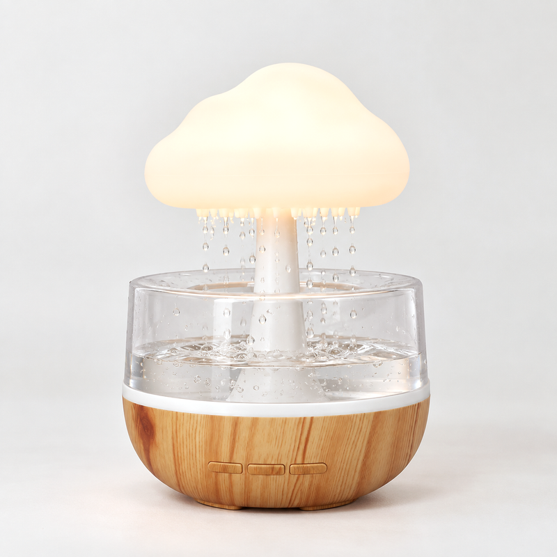Bruine, lampe champignon qui pleut sans fil, réservoir transparent et socle effet bois