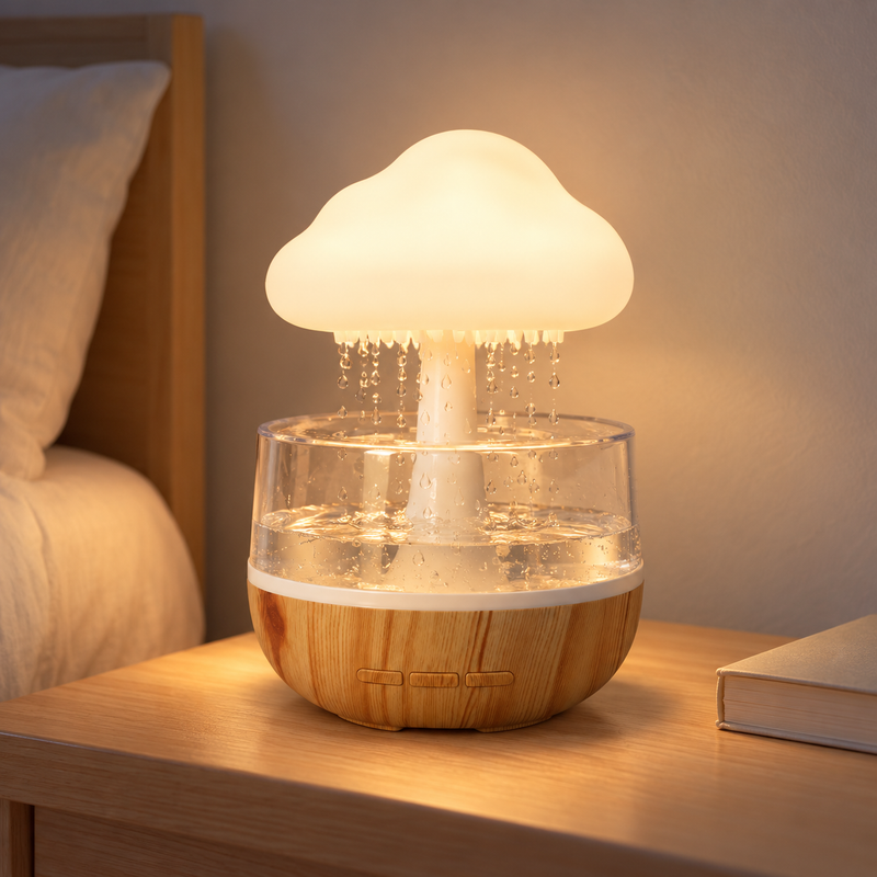 Bruine, lampe champignon qui pleut allumée sur une table de chevet la nuit