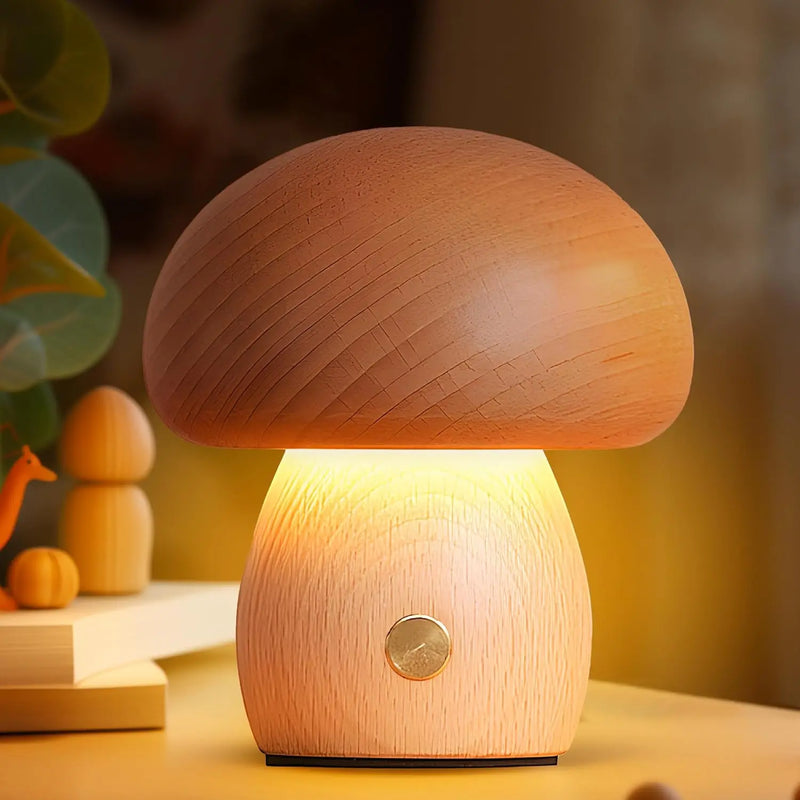 Morille, veilleuse champignon en bois tourné, bouton tactile
