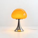 Safran, lampe champignon en verre orange sur pied trompette chromé