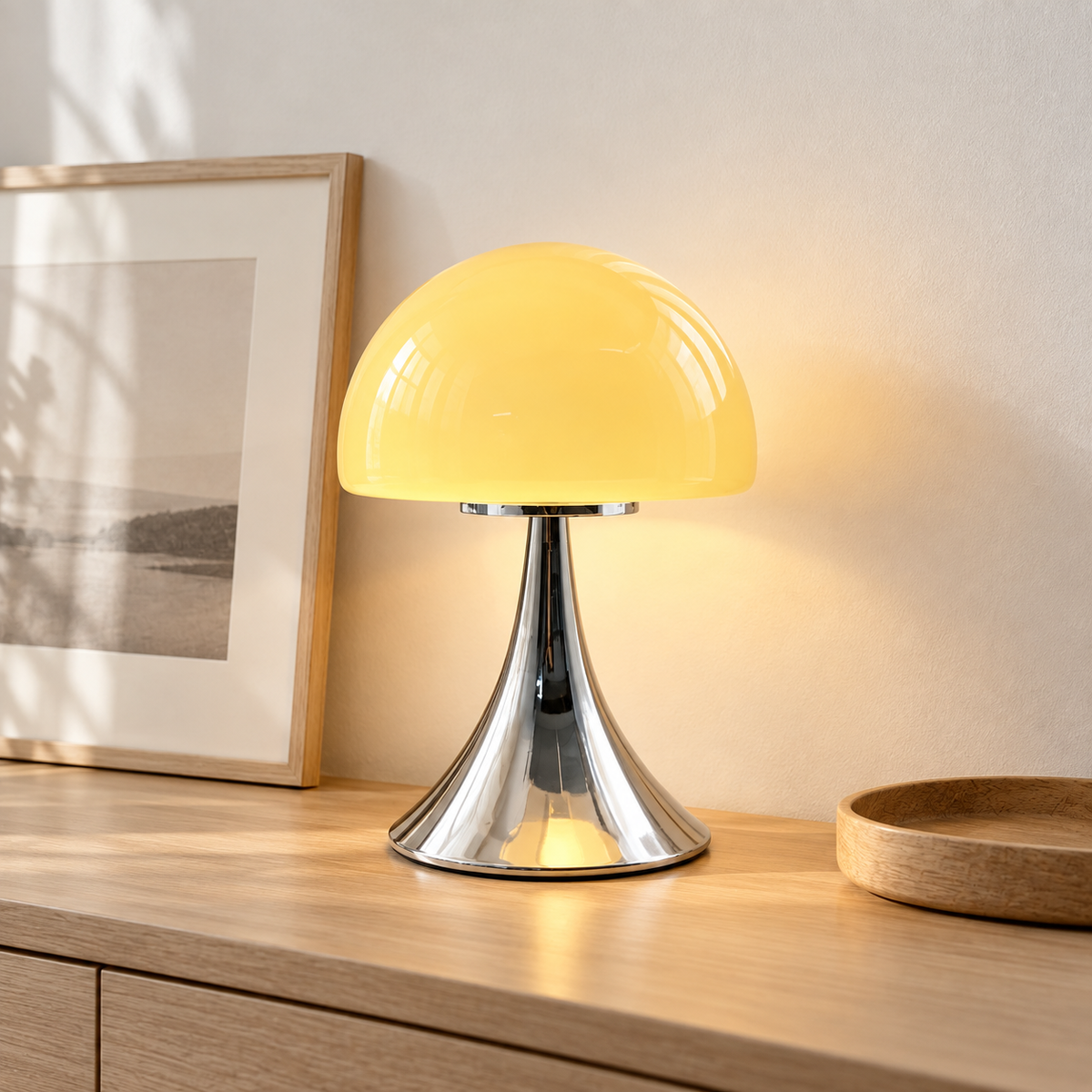 Otto, lampe champignon en verre jaune allumée dans un intérieur