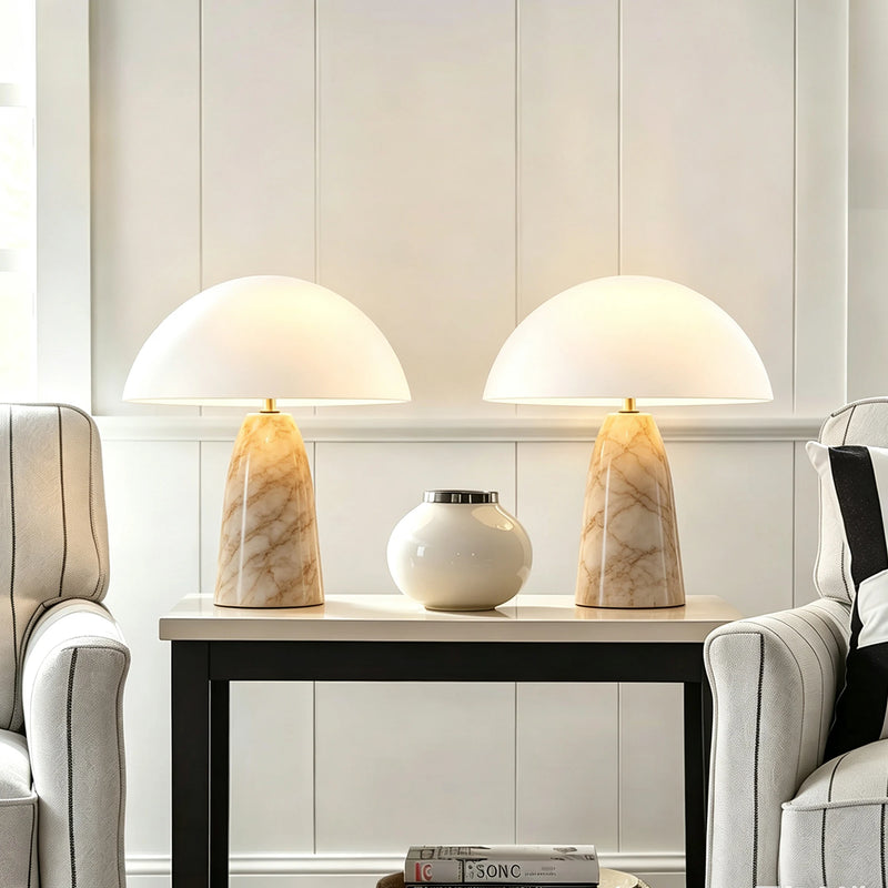Albâtre, lampe champignon vintage à dôme de 30 cm sur pied conique effet marbre — vue 2