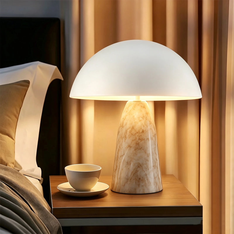 Albâtre, lampe champignon vintage à dôme de 30 cm sur pied conique effet marbre — vue 3
