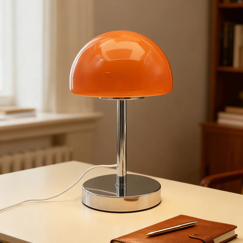 Élio, lampe champignon en verre sur colonne chromée et base disque, 29 cm