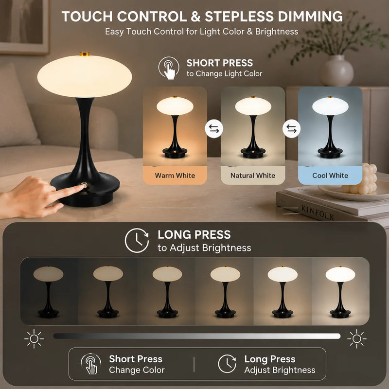 Vermillon, lampe champignon à chapeau plat sur pied trompette, sans fil — vue 3