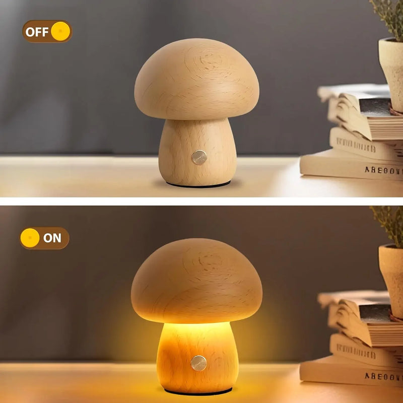 Morille, veilleuse champignon en bois tourné, bouton tactile en laiton — vue 3