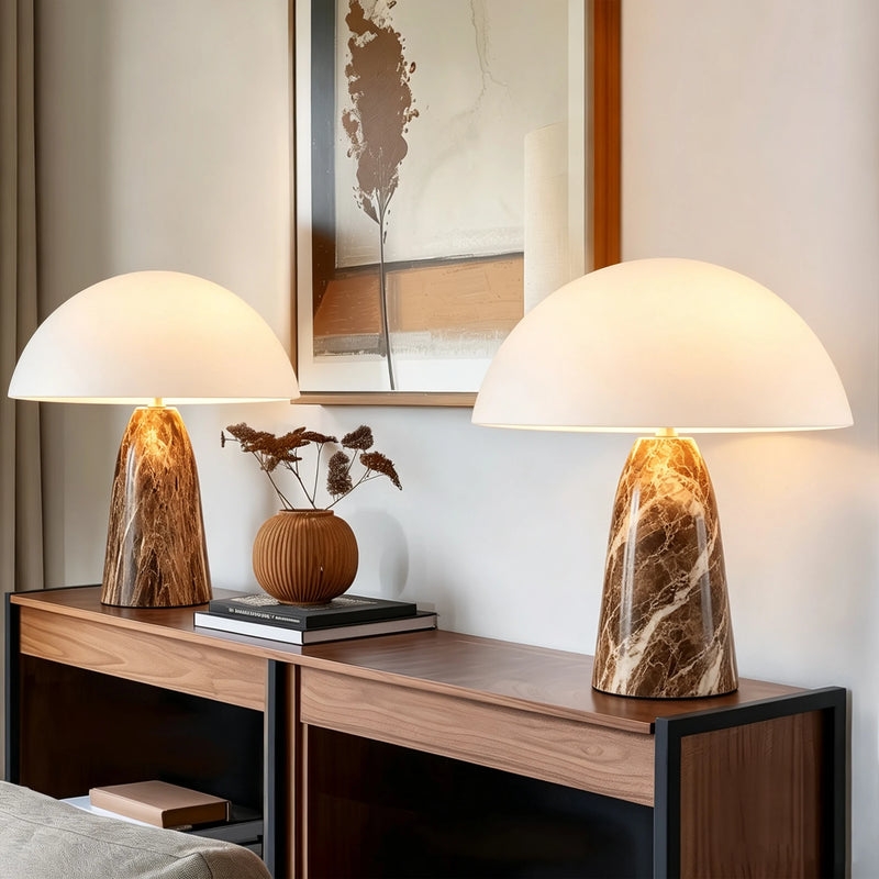 Albâtre, lampe champignon vintage à dôme de 30 cm sur pied conique effet marbre — vue 4