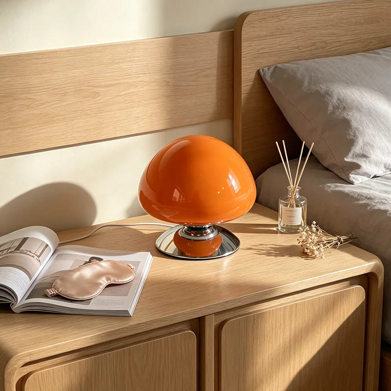 Lune, lampe champignon en verre sur base disque chromée, 16 cm