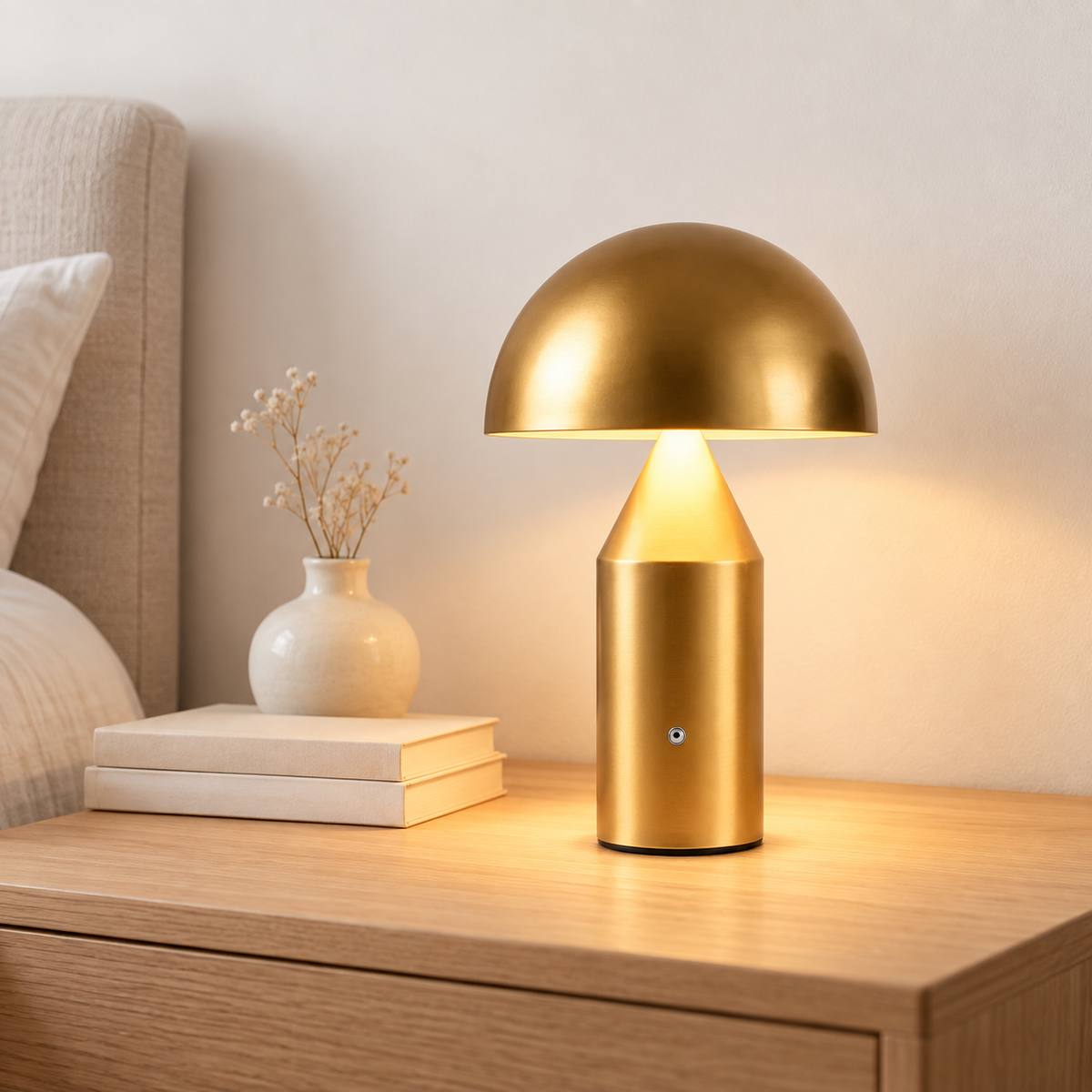 Alto, lampe champignon dorée allumée dans un intérieur