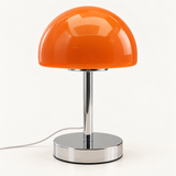 Élio, lampe champignon en verre : dôme orange brillant, colonne chromée et base cylindrique en chrome poli