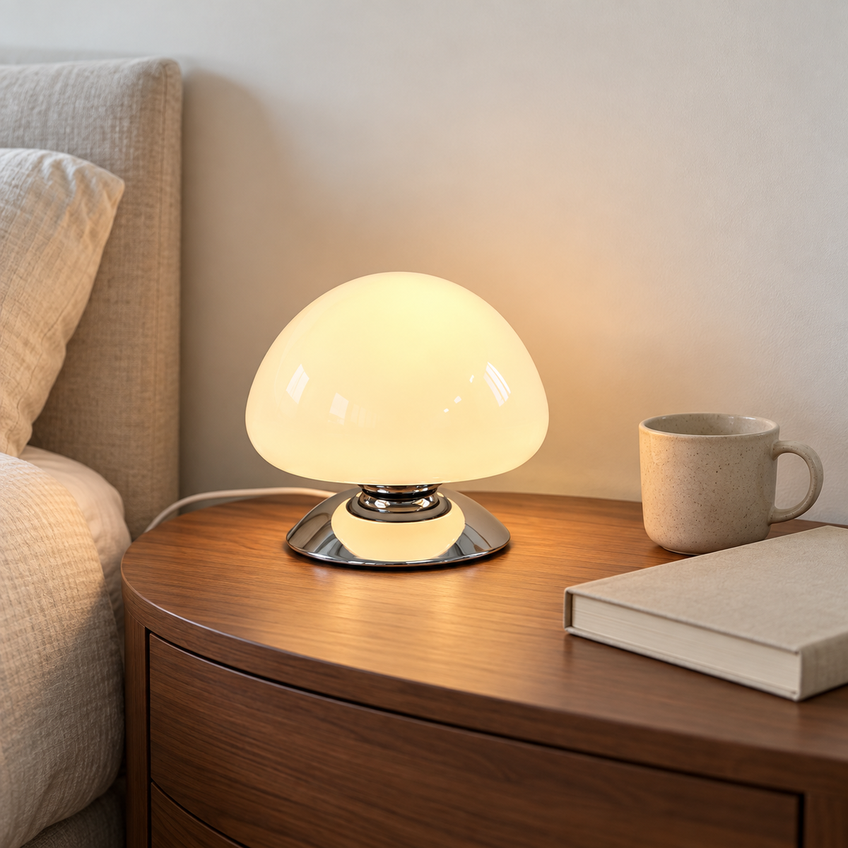 Lune, lampe champignon en verre crème allumée dans un intérieur