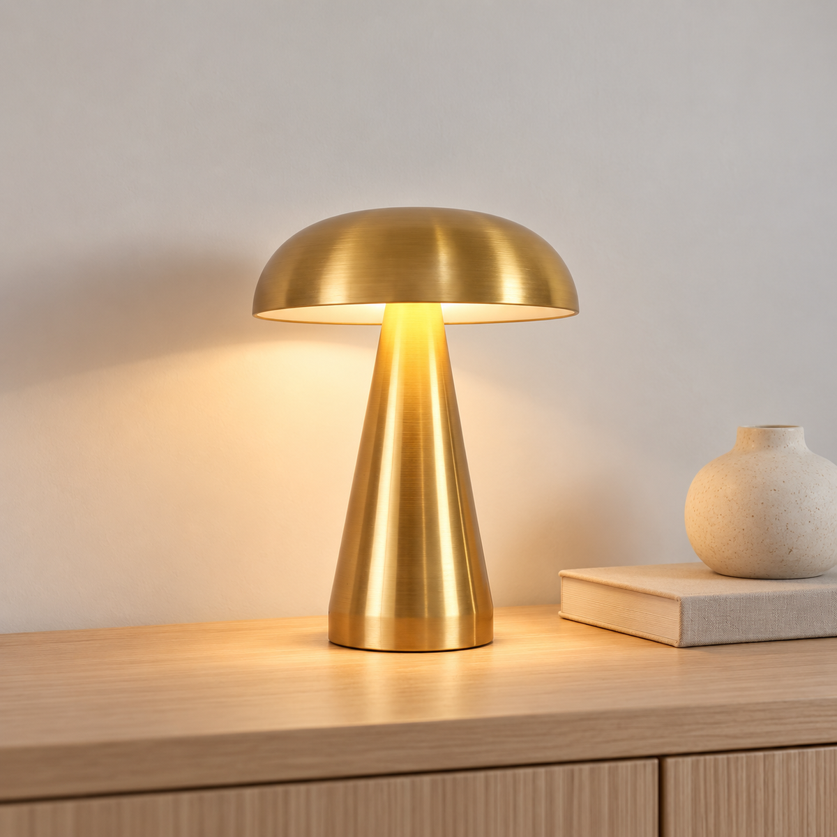 Milo, lampe champignon dorée allumée sur une console