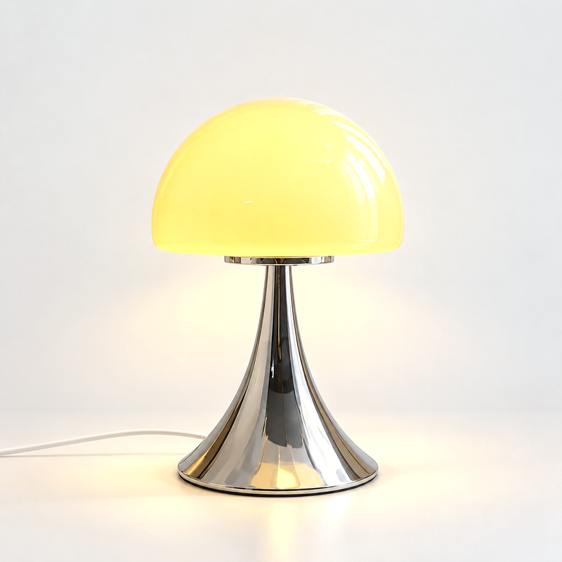 Otto, lampe champignon à dôme en verre jaune sur pied trompette chromé