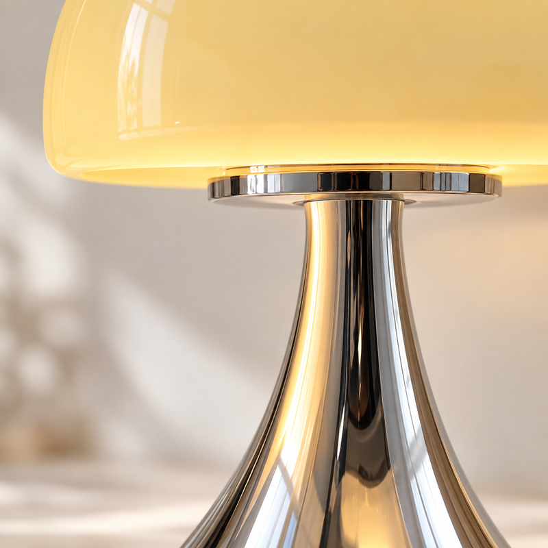 Otto, détail du verre jaune et du socle chromé
