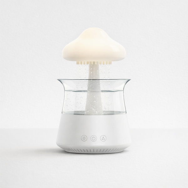 Ondée, lampe champignon qui pleut à réservoir transparent, base blanche et trois boutons