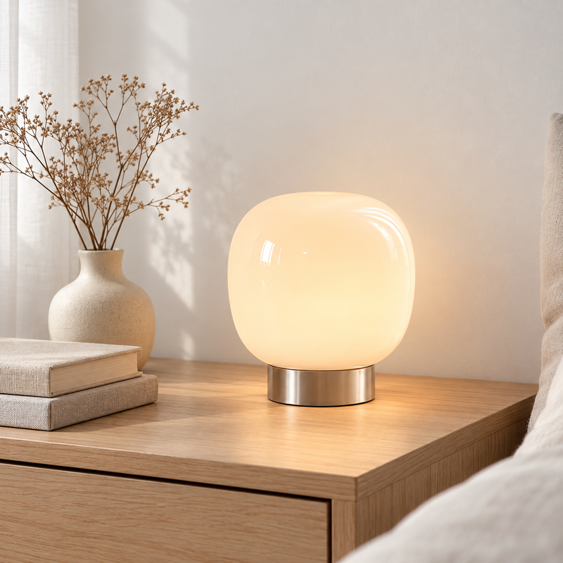 Praline, lampe champignon allumée dans un intérieur