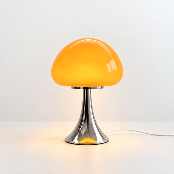 Safran, lampe champignon en verre orange sur pied trompette chromé