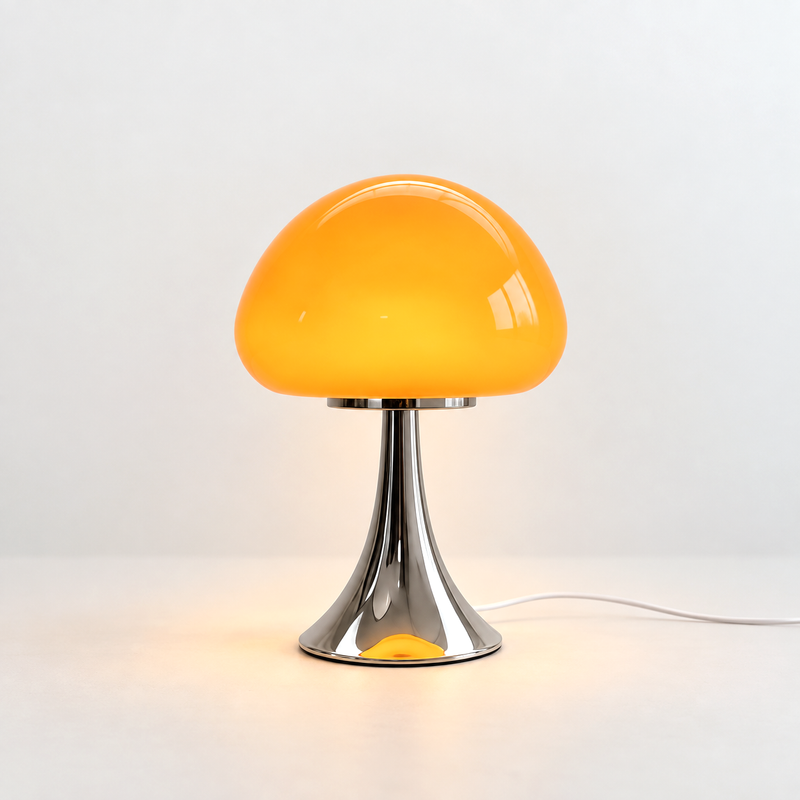 Safran, lampe champignon en verre orange sur pied trompette chromé