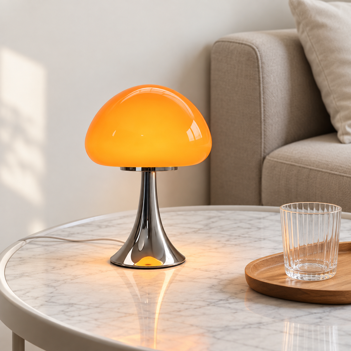 Safran, lampe champignon en verre orange allumée dans un intérieur