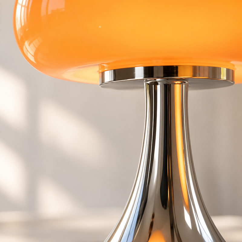 Safran, détail du verre orange et du chrome du pied